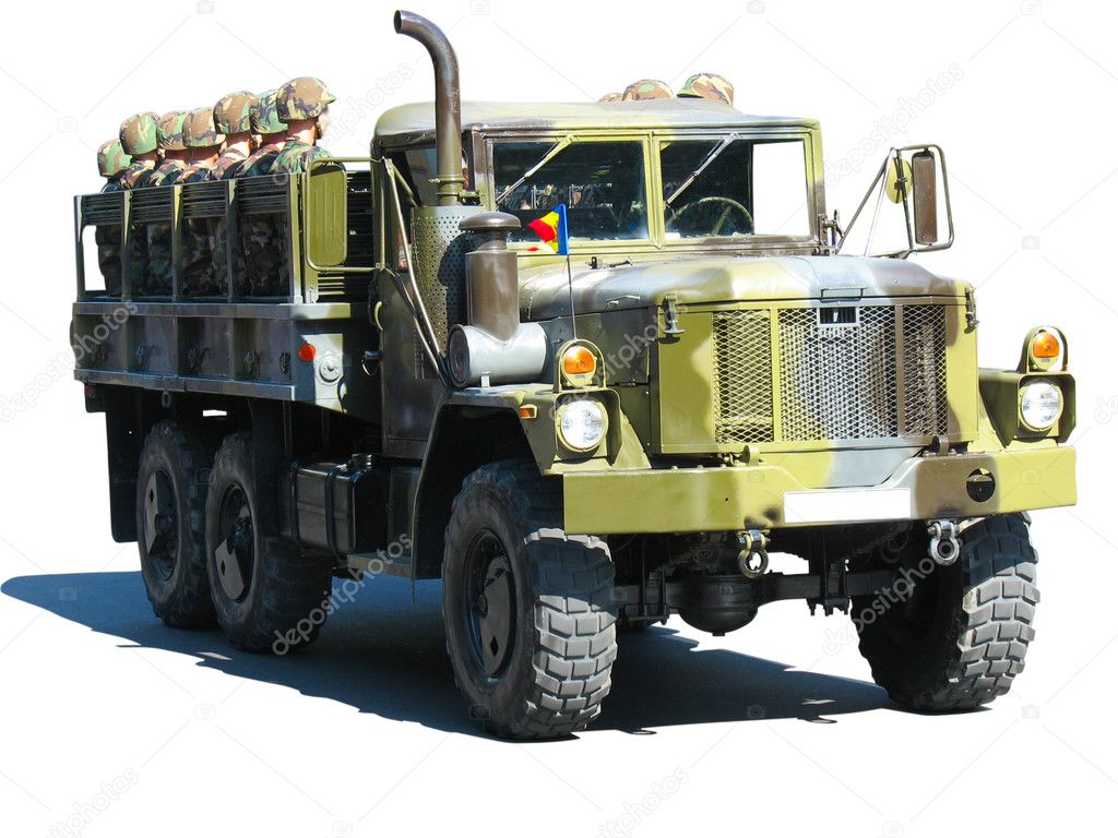 Camouflage military truck with soldiers isolated