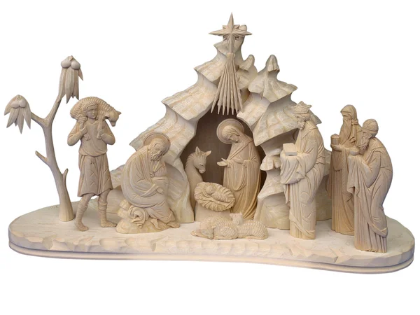 Christmas nativity scene with wooden figures — Stock Photo, Image