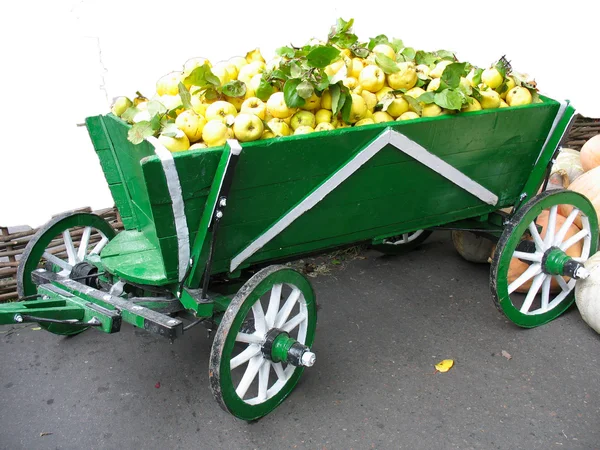 Vieux chariot en bois vert avec des fruits de coing — Photo