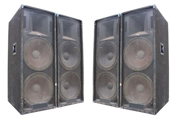Old powerful stage concerto audio speakers isolated on white background