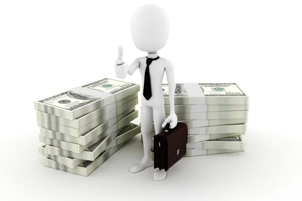 3d hombre de negocios y un montón de dinero; en baclground blanco — Foto de Stock