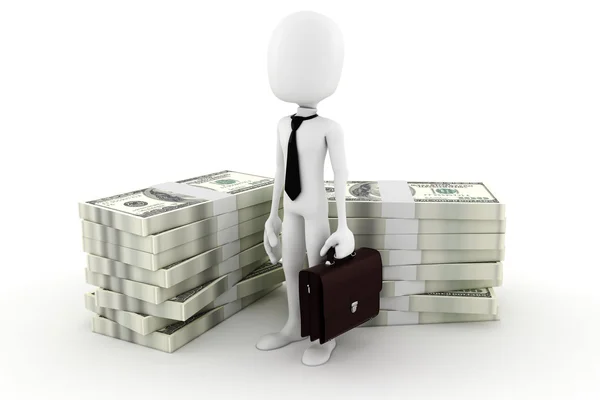 3d man business man and a lot of monney; on white baclground — Stock Photo, Image