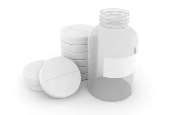 3D człowiek siedzi na kupie tabletki, na białym tle — Zdjęcie stockowe
