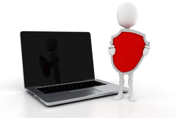 3D человек и ноутбук - безопасность онлайн-бизнеса — стоковое фото
