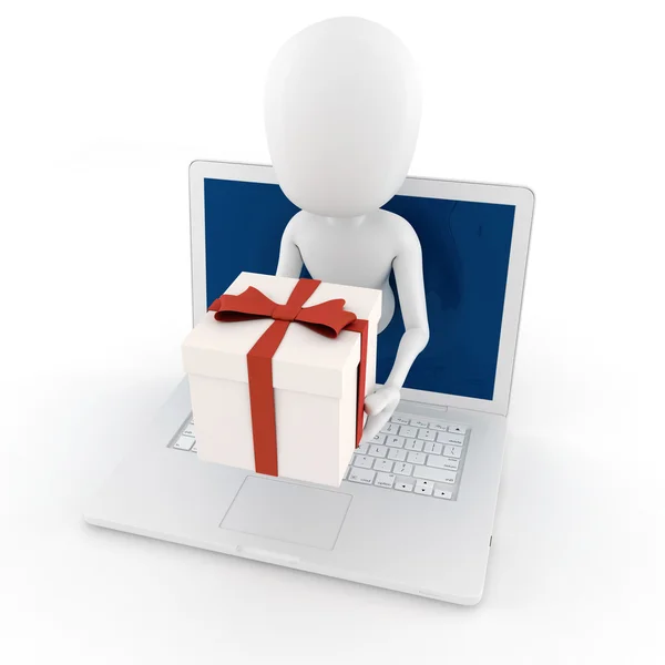 3D człowiek trzyma prezent polu wychodziły z ekranu laptopa — Zdjęcie stockowe