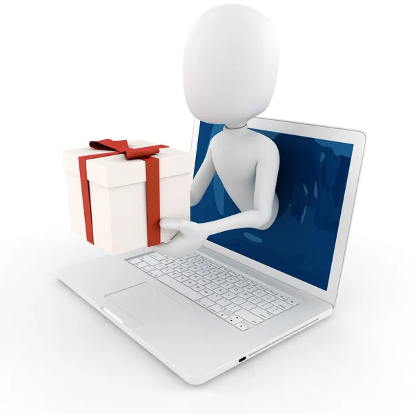 3D człowiek trzyma prezent polu wychodziły z ekranu laptopa — Zdjęcie stockowe