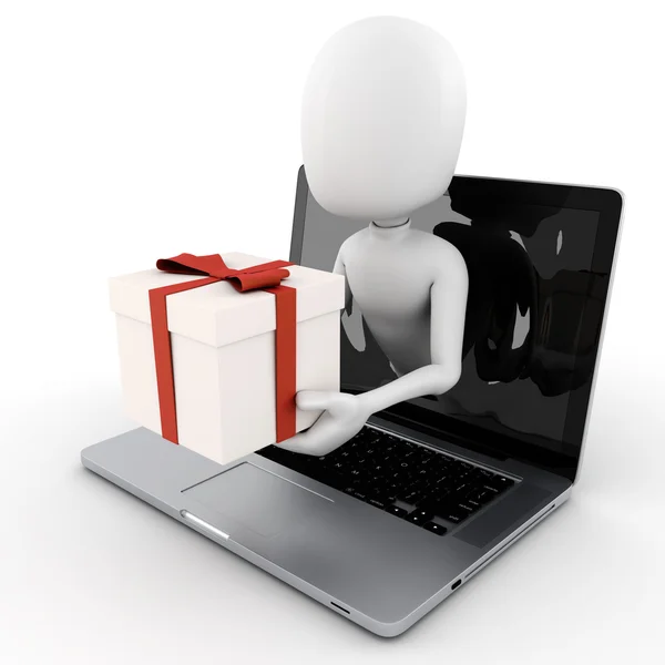 3d hombre sosteniendo un regalo caja emergente de una pantalla del ordenador portátil — Foto de Stock