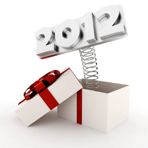 3D-glanzende 2012 popping out van een doos van de gift — Stockfoto