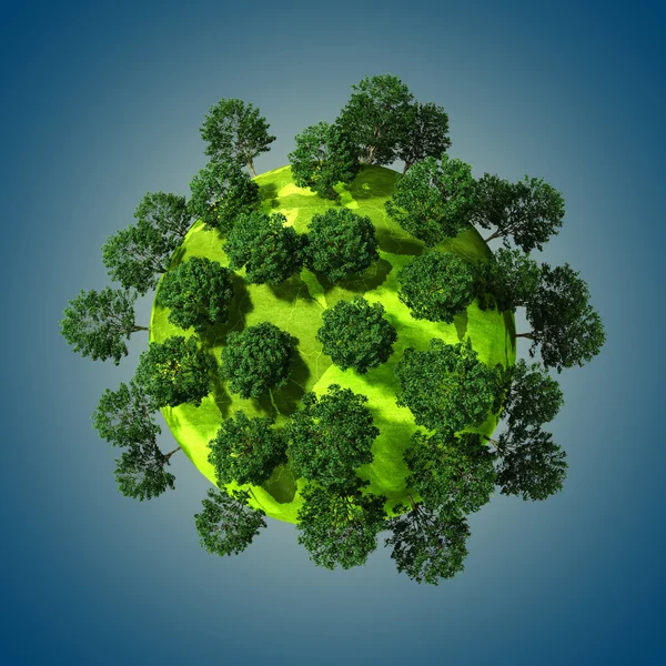 3D зеленая планета, полная деревьев, концепция — стоковое фото