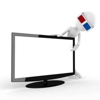 3D 3d gözlük sunan yeni bir tv isoleted beyaz adamla