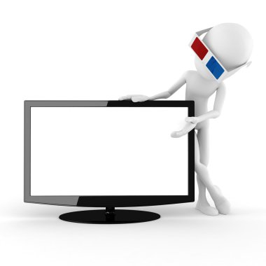 3D 3d gözlük sunan yeni bir tv isoleted beyaz adamla