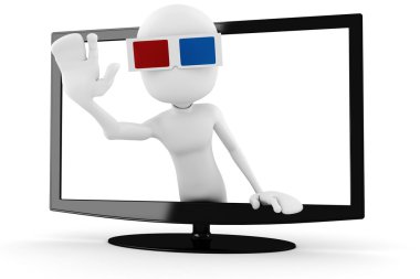 3d man with 3d glasses popping out form a tv clipart