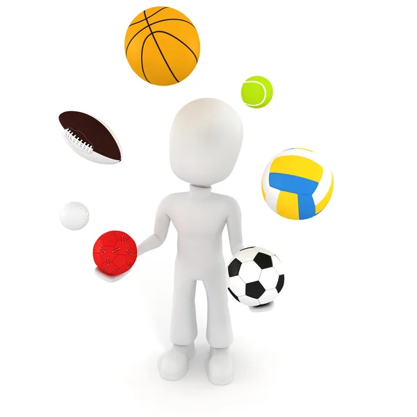 3d человек, играющий с различными спортивными мячами — стоковое фото