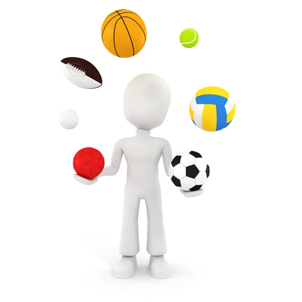 3d adam farklı spor toplarla oynuyor — Stok fotoğraf