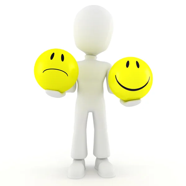 3d man holding two smileys — Stock Photo, Image