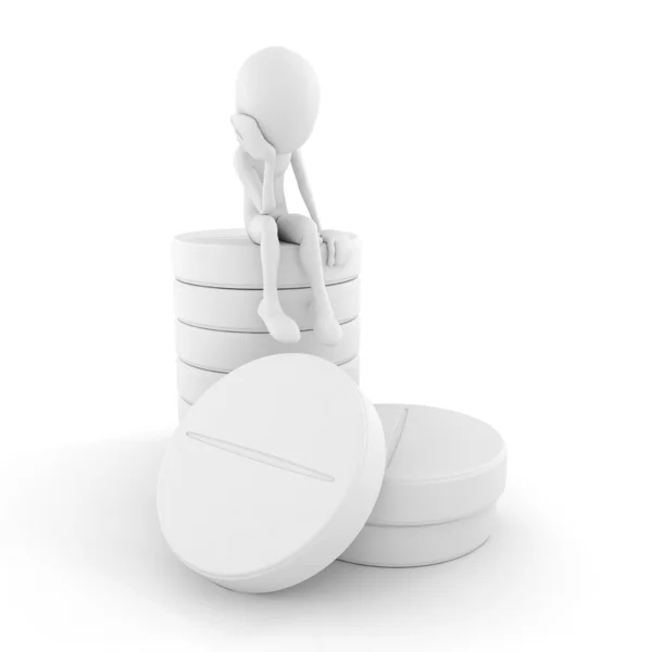 3D-Mann sitzt auf einem Haufen Pillen, auf weißem Hintergrund — Stockfoto