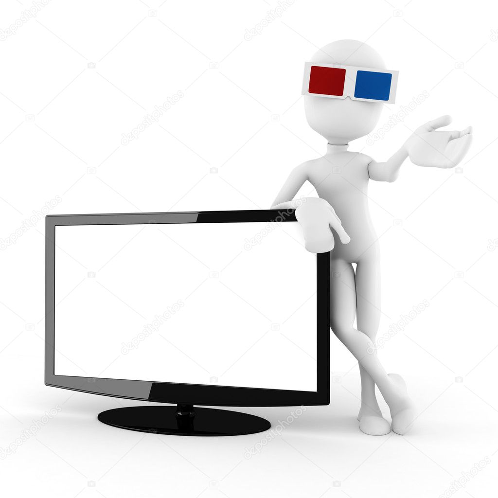3d man with 3d glasses presenting a new tv, isoleted on white