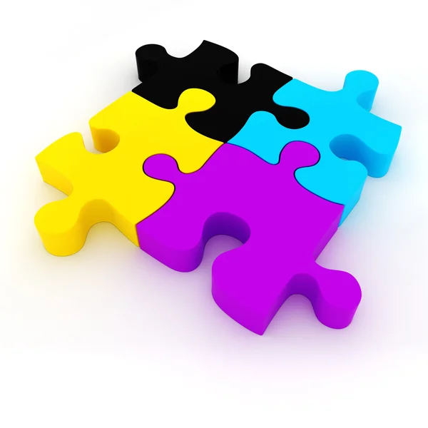 Pièces de puzzle CMJN colorées 3d sur fond blanc — Photo