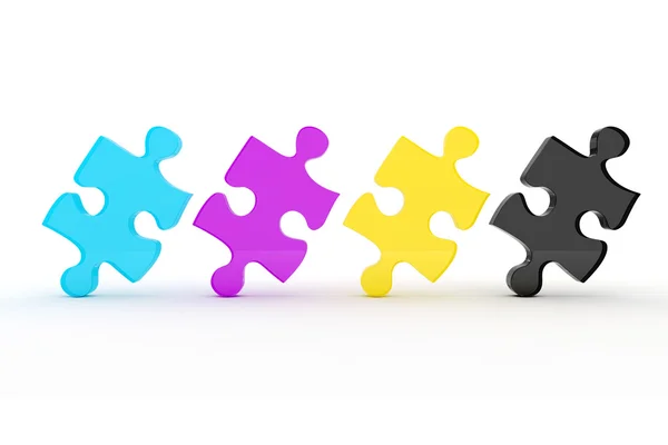 3d colorido CMYK peças de quebra-cabeça no fundo branco — Fotografia de Stock