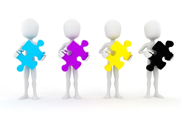 3d man holding colorful CMYK puzzle pieces, on white background — Stock Photo, Image