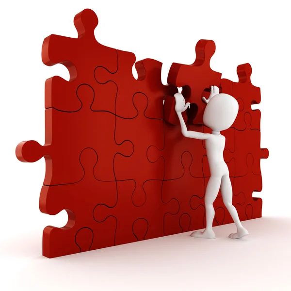 3d man completing a puzzle, on white background — Stock Photo, Image