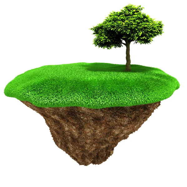 3D дерево на маленьком кусочке земли со свежей зеленой травой — стоковое фото