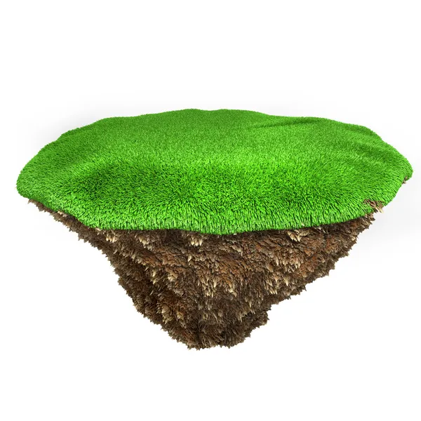 3D mały kawałek ziemi z świeżej zielonej trawie na białym tle — Zdjęcie stockowe