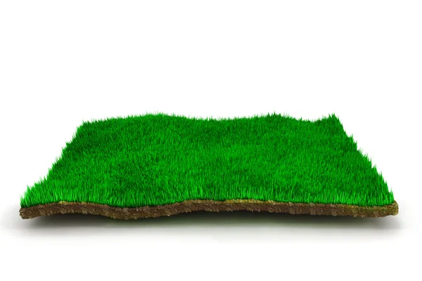 3d маленький участок земли со свежей зеленой травой на белом фоне — стоковое фото