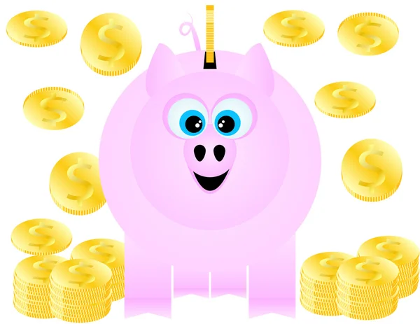 Een spaarvarken gelukkig ontvangt gouden munten — Stockvector