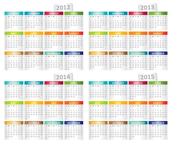 Calendario per 2012, 2013, 2014, 2015 anno — Vettoriale Stock