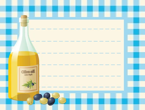 Botella de aceite de oliva y aceitunas sobre fondo a cuadros — Vector de stock