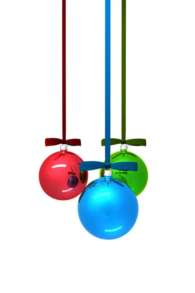 Tři barevné vánoční koule na bílém pozadí — Stock fotografie