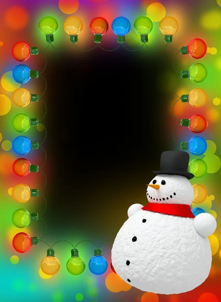 Quadro de luzes de Natal e boneco de neve — Fotografia de Stock