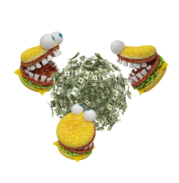 Hungry cheeseburgers eating money — Stock Photo, Image