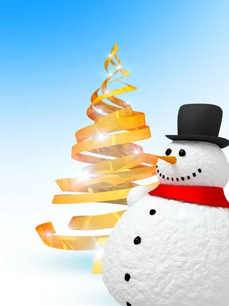 Happy snowman and christmas tree — Stock Photo, Image