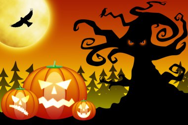 Halloween pumpkins in scary forest clipart