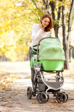 genç anne bebek sonbahar park içinde taşıma