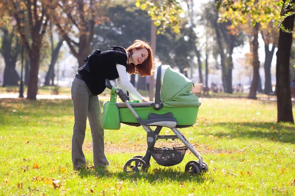 年轻的母亲怀上了孩子在秋天公园 — 图库照片