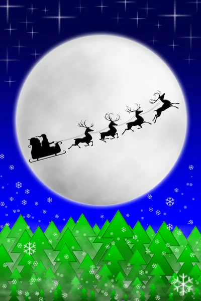 圣诞老人和他的驯鹿对月亮骑 — 图库照片