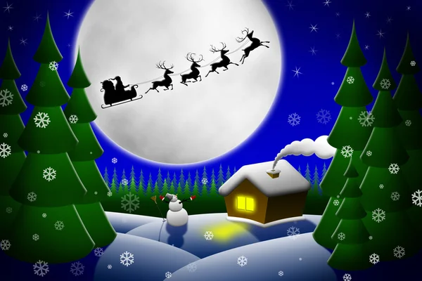 Kerstman en zijn rendieren rijden tegen maan — Stockfoto
