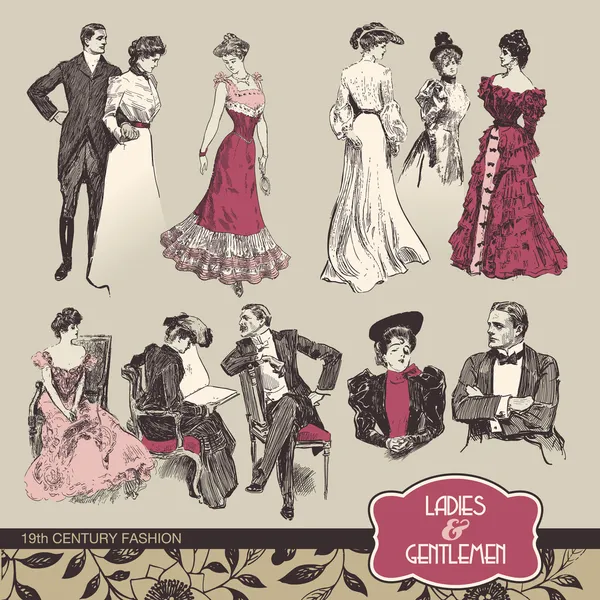 Ladies and gentlemen 19th century fashion — Stock Vector
