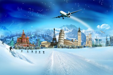 Travel - winter vacation, world monuments and mountains clipart