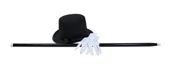 Hatt svart käpp vita handskar — Stockfoto