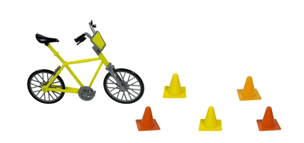 Bicyclette jaune et cônes de circulation — Photo