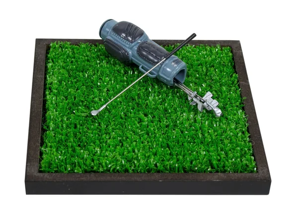 Sac de golf et clubs sur herbe — Photo