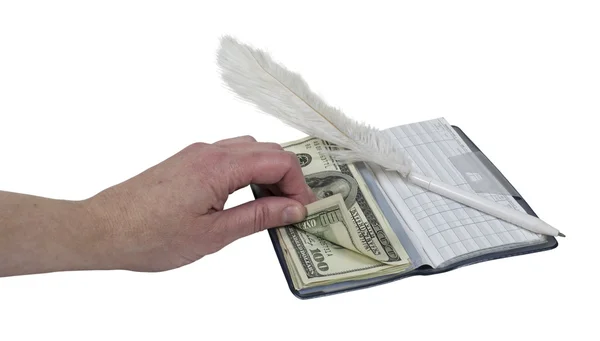 Geld in een chequeboek — Stockfoto