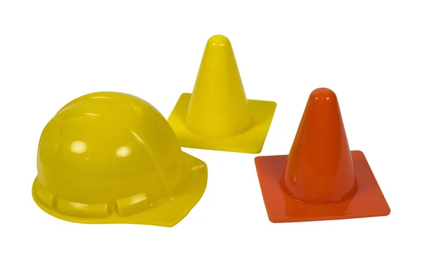 Cones de segurança e chapéu duro — Fotografia de Stock