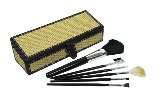 Makeup Brushes and Wicker Box — Stock Photo, Image