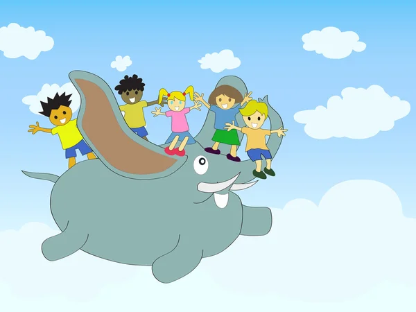 Létající slon s dětmi — Stockový vektor