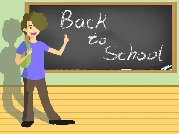 Σχολείο αγόρι με το σημάδι της επιστροφή στο σχολείο στο blackboard — Διανυσματικό Αρχείο